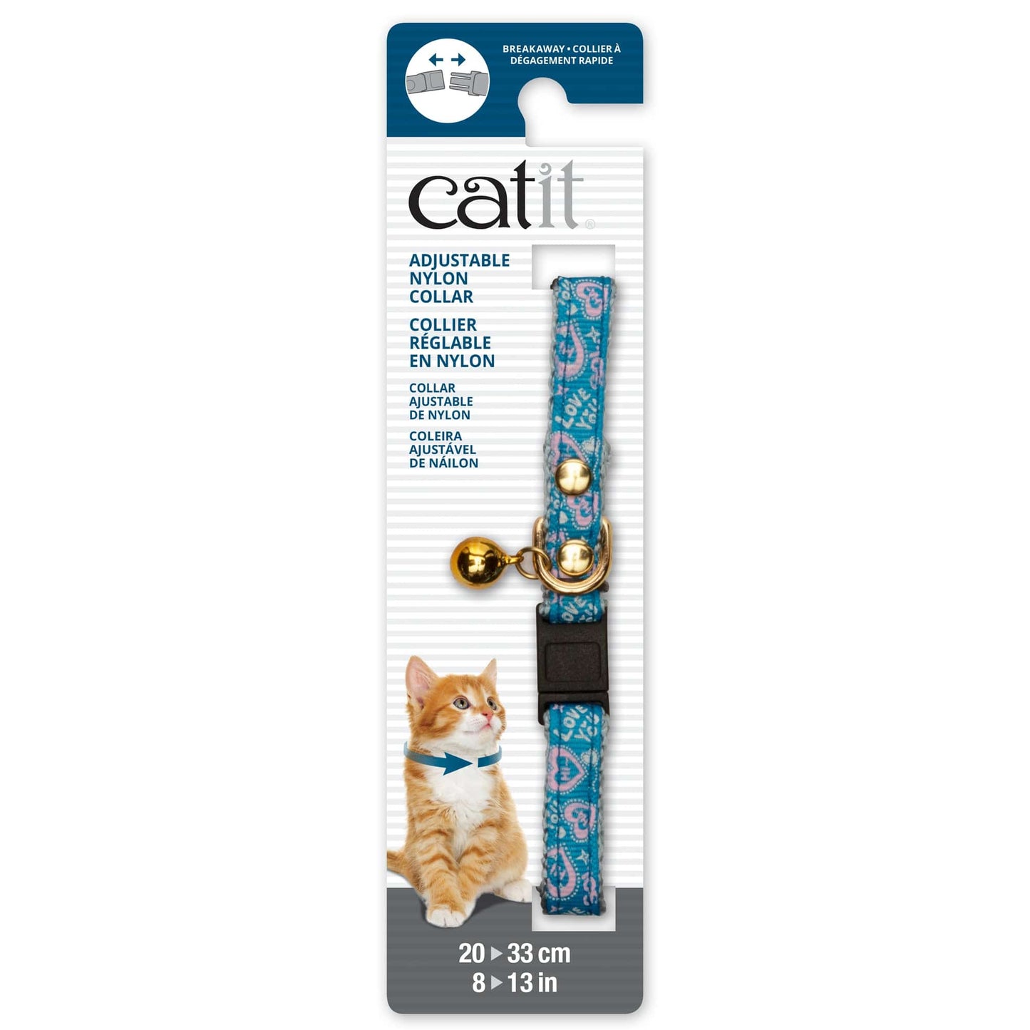 Catit Adjustable Breakaway Nylon Collar with Rivets - Blue with Pink Hearts - 8-13in - The Pet Source