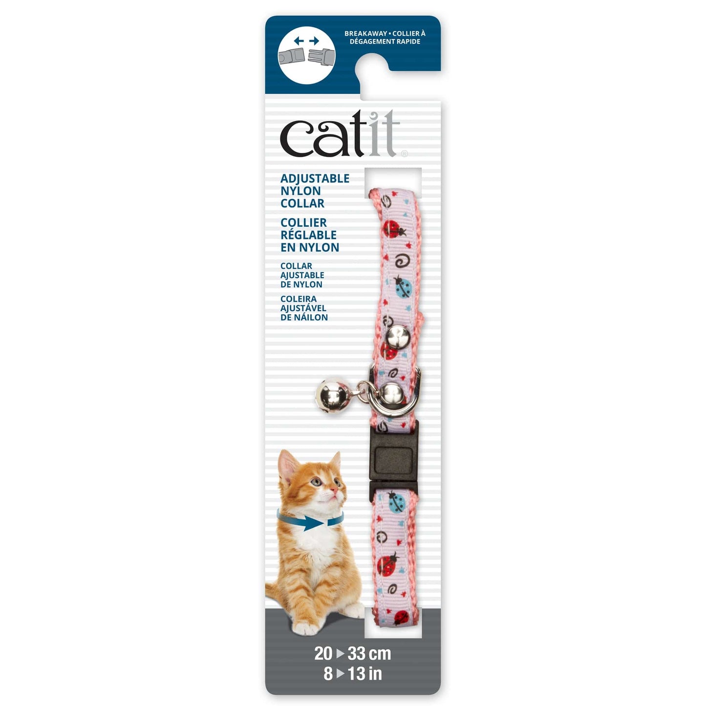 Catit Adjustable Breakaway Nylon Collar with Rivets - Pink and White with Ladybugs - 8-13in - The Pet Source