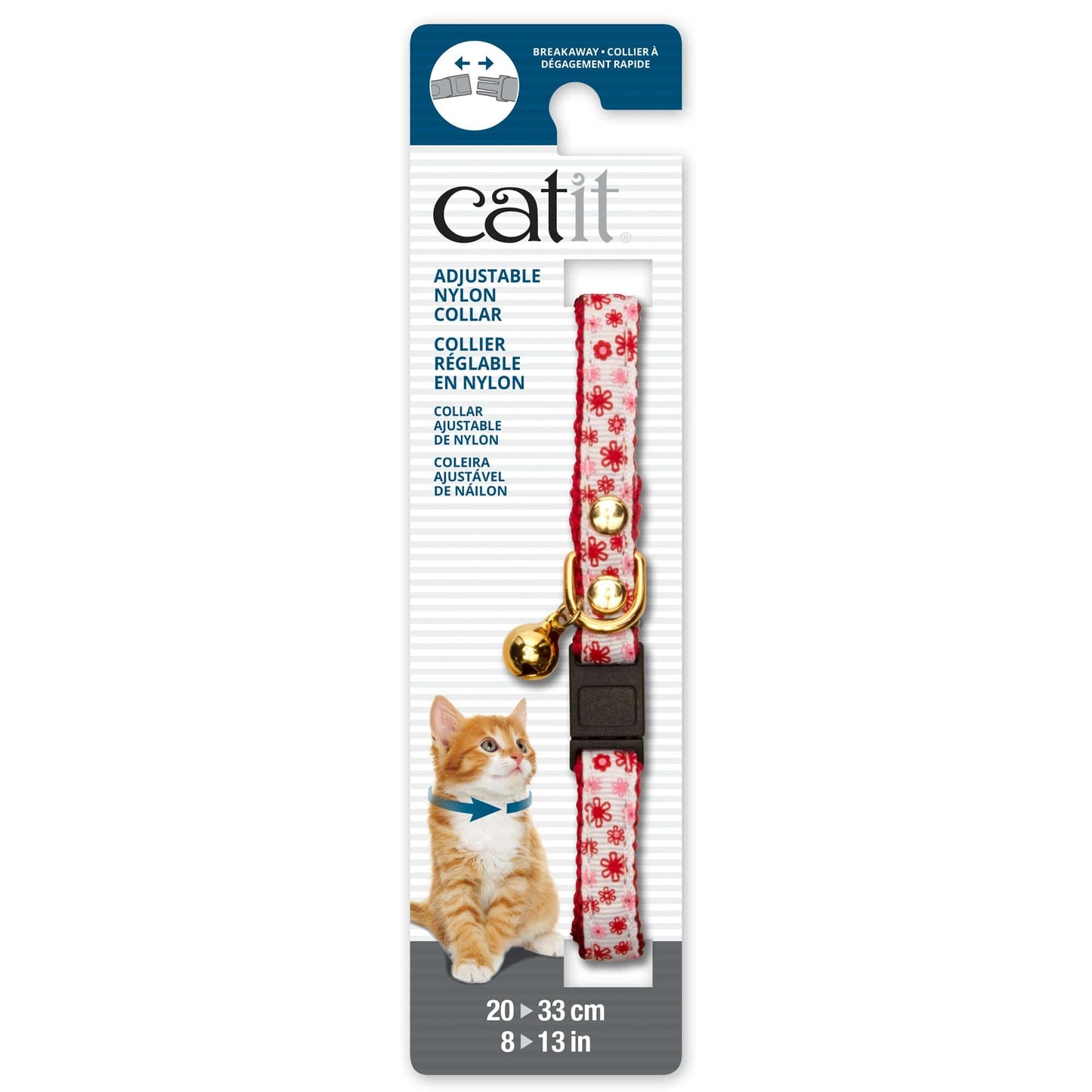 Catit Adjustable Breakaway Nylon Collar with Rivets - Red & White with Flowers - 8-13in - The Pet Source