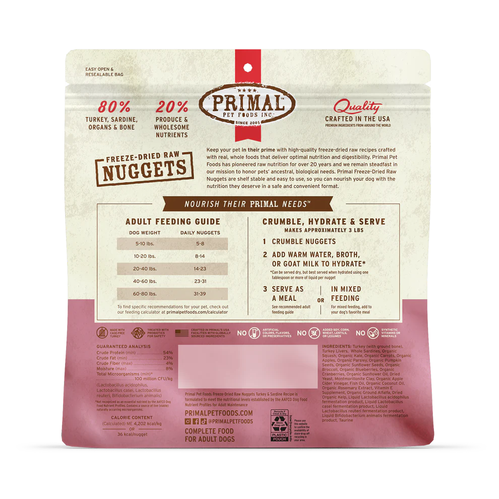 Primal Freeze Dried Raw Nuggets Dog Food Turkey & Sardine Recipe - 14oz - The Pet Source