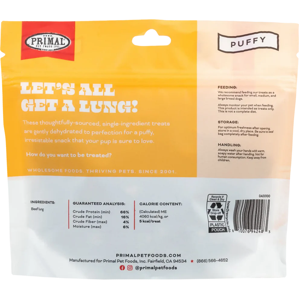 Primal Let’s All Get a Lung Dehydrated Dog Treats Beef Recipe - 1.5oz - The Pet Source