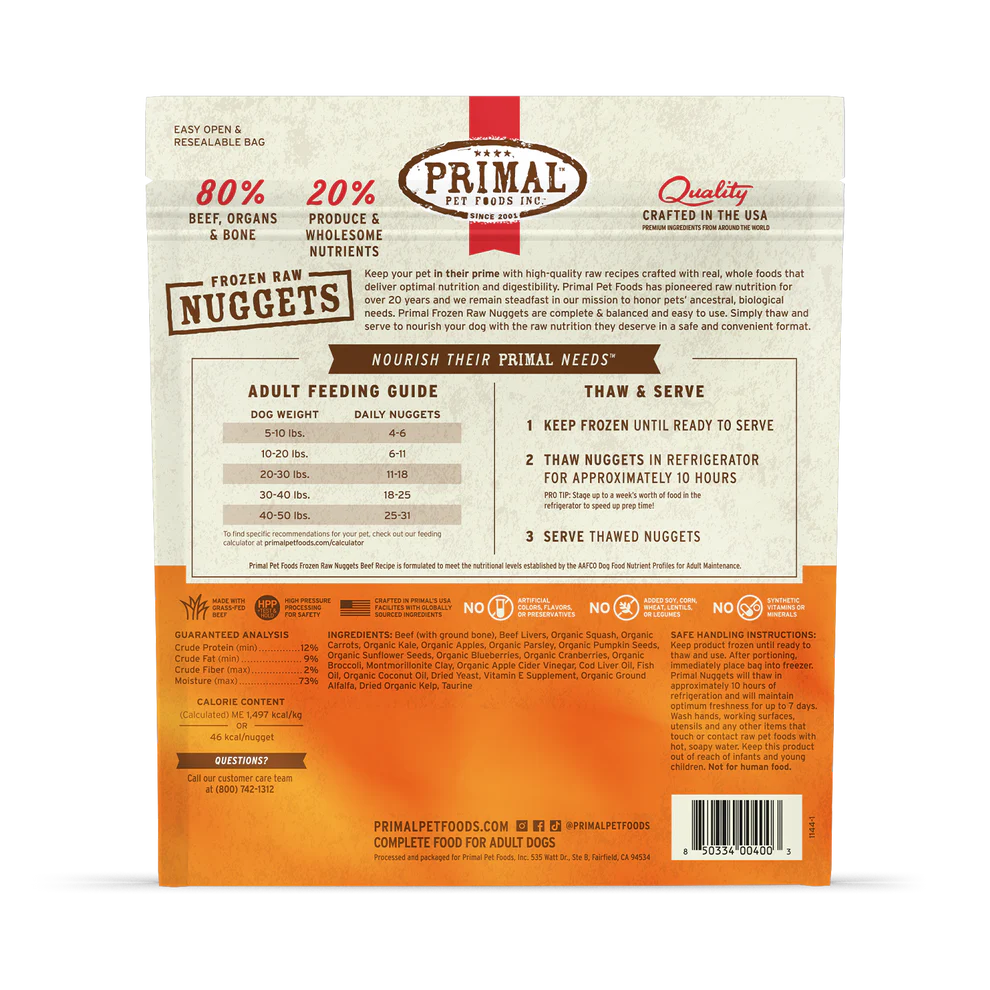 Primal Nuggets Beef Recipe Raw Frozen Dog Food - 3lb - The Pet Source