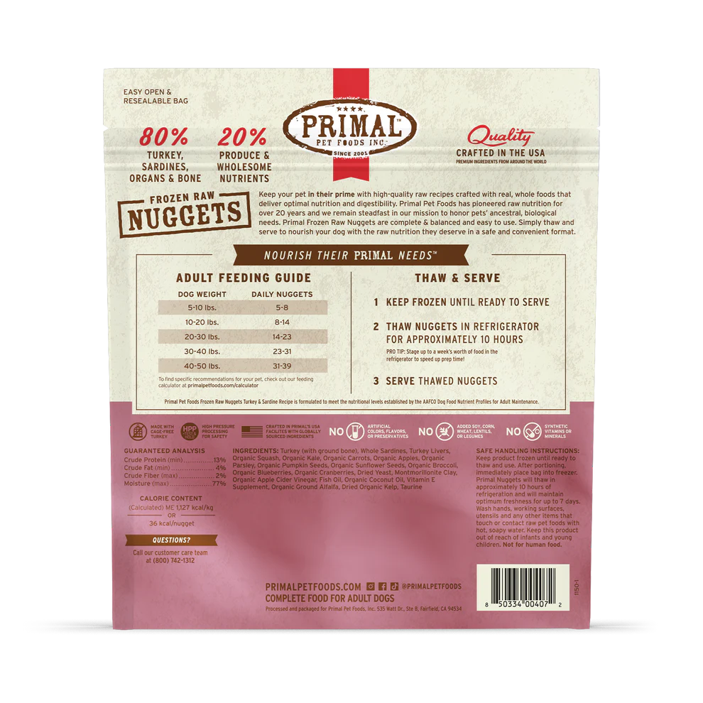 Primal Nuggets Turkey & Sardine Recipe Raw Frozen Dog Food - 3lb - The Pet Source