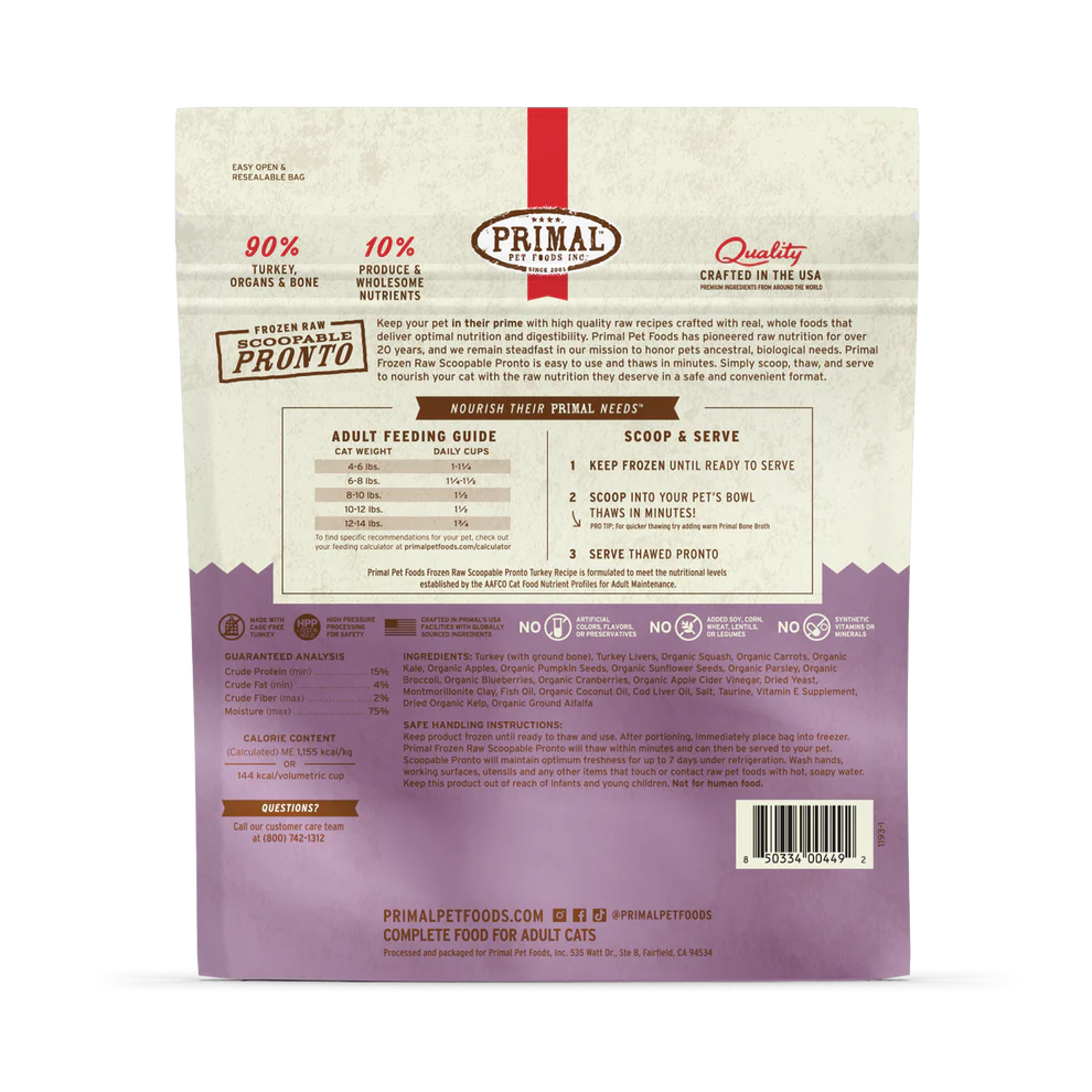 Primal Scoopable Pronto Turkey Recipe Raw Frozen Cat Food - 1lb - The Pet Source