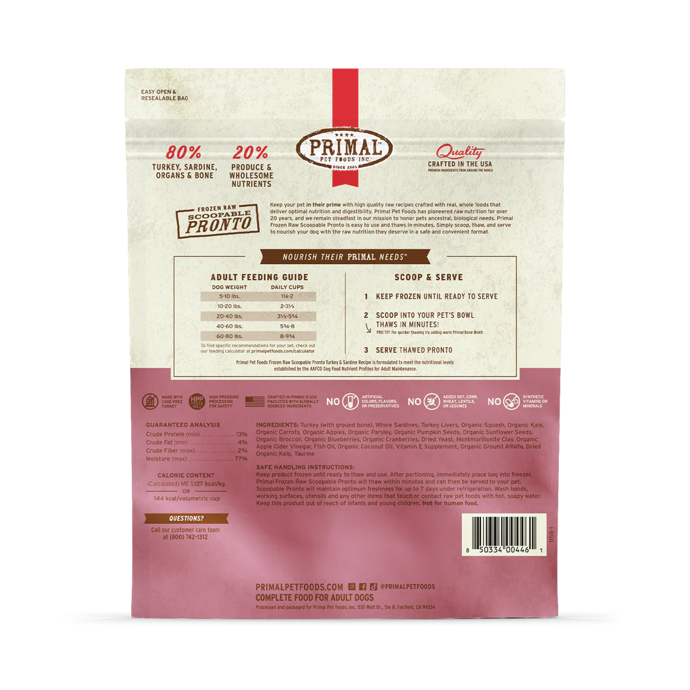 Primal Scoopable Pronto Turkey & Sardine Recipe Raw Frozen Dog Food - 4lb - The Pet Source