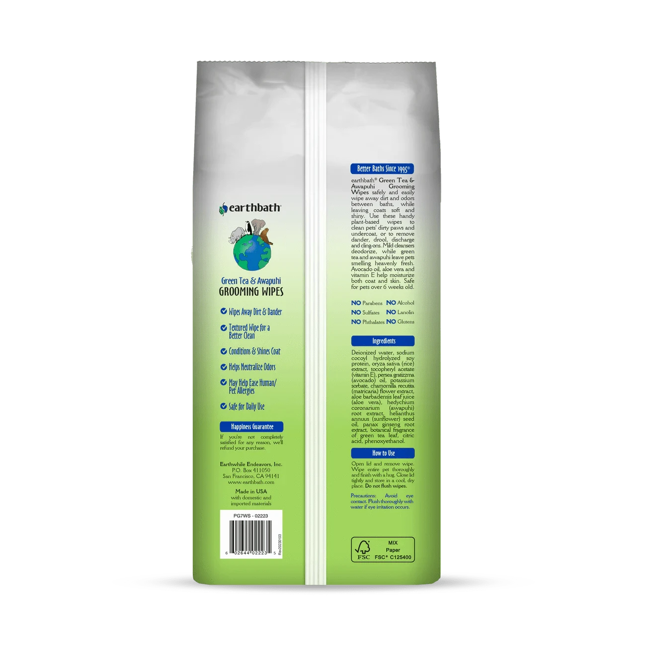 earthbath Grooming Wipes - Green Tea & Awapuhi - 100 Wipes - The Pet Source