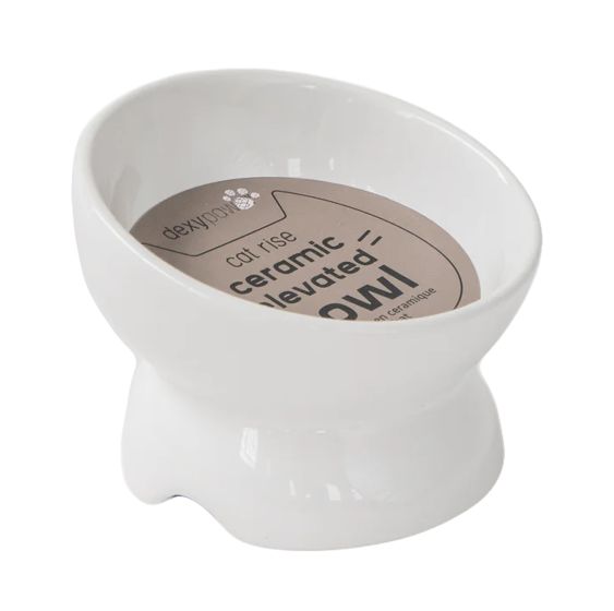 Dexypaws Cat Ceramic Elevated Bowl - White - The Pet Source