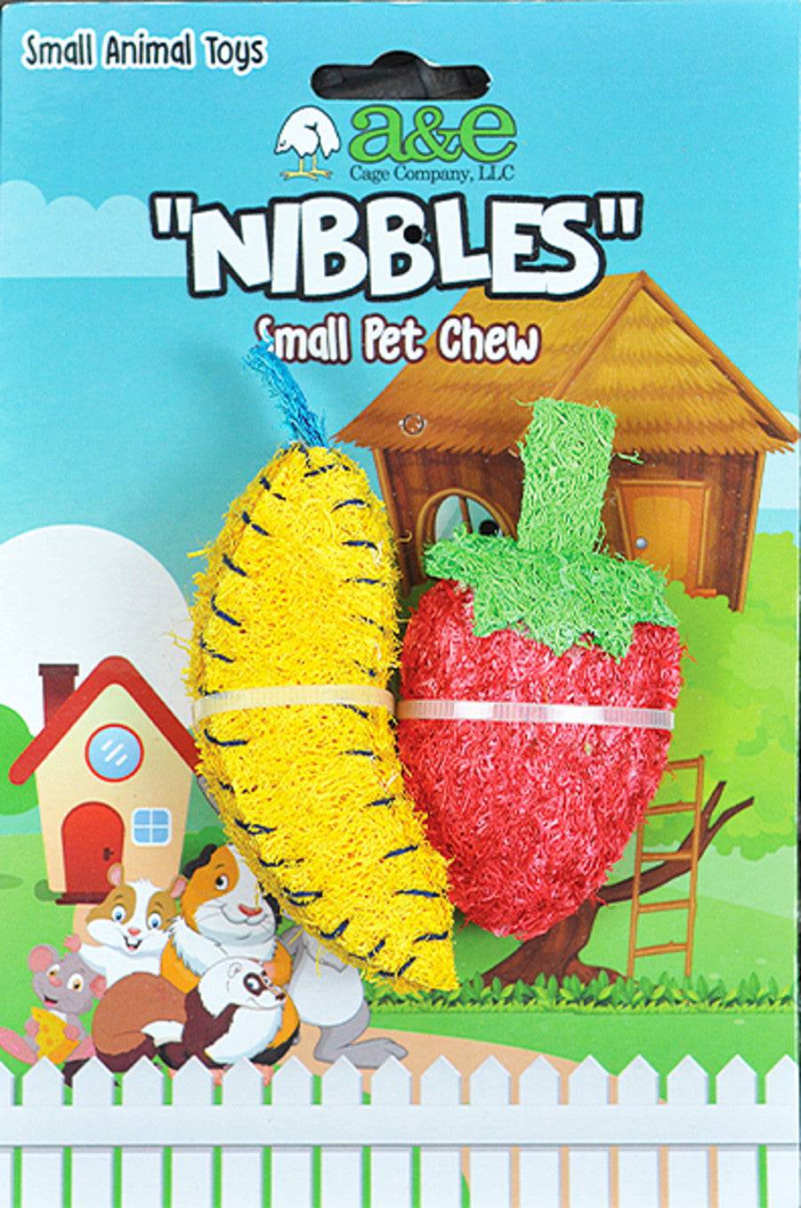 A & E Cages Nibbles Small Animal Loofah Chew Toy Banana & Strawberry - The Pet Source