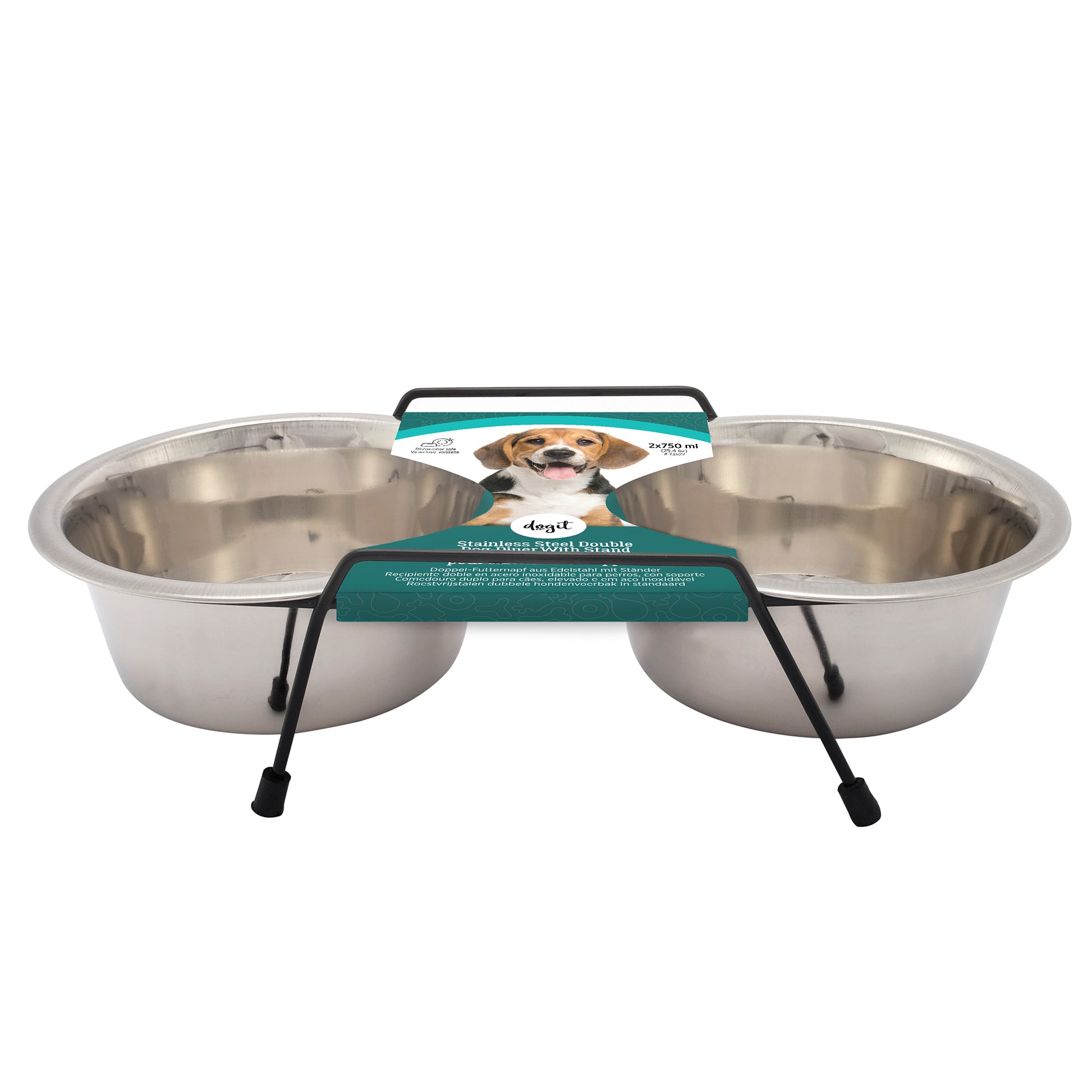 Dogit Stainless Steel Double Dog Diner - Medium - 2 x 750ml Bowls and Stand - The Pet Source