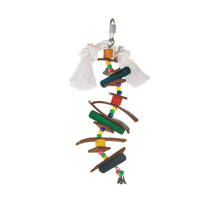 Living World Juglewood Bird Toy - Skewer With Wood Pegs - Plastic Beads - Leather Strips and Bell - Small - The Pet Source