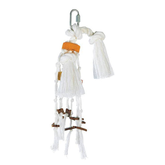 Living World Junglewood Bird Toy - l Rope With Wood Cylinders - Leather Strips and Bell - Small - The Pet Source