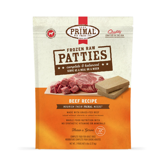 Primal Patties Beef Recipe Raw Frozen Dog Food - 18lb - The Pet Source