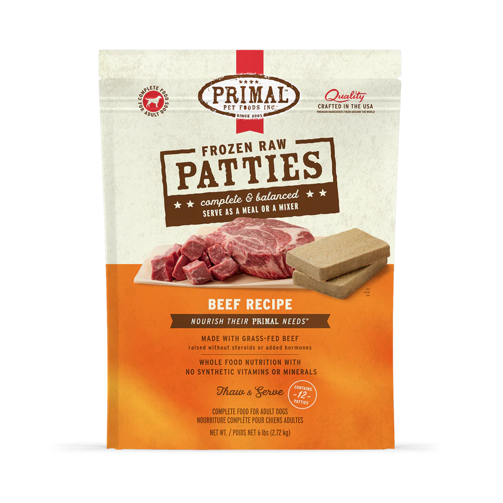 Primal Patties Beef Recipe Raw Frozen Dog Food - 18lb