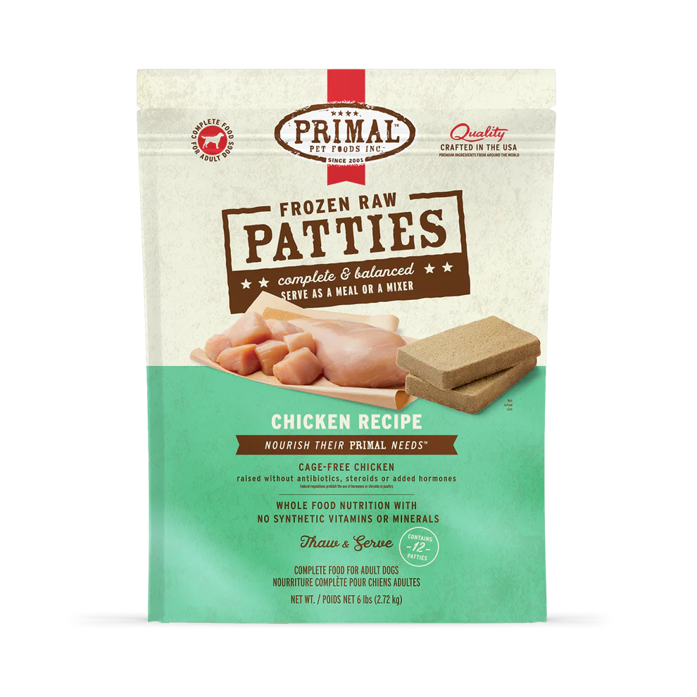 Primal Patties Chicken Recipe Raw Frozen Dog Food - 18lb