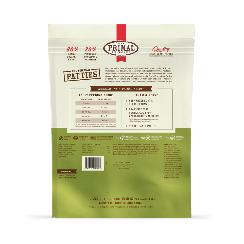 Primal Patties Lamb Recipe Raw Frozen Dog Food - 6lb - The Pet Source