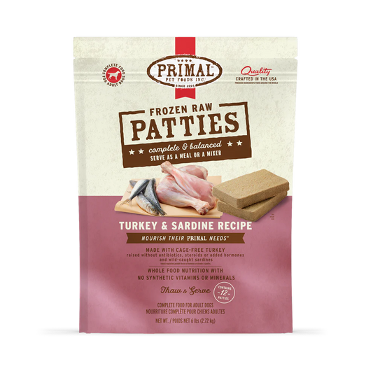 Primal Patties Turkey & Sardine Recipe Raw Frozen Dog Food - 18lb - The Pet Source
