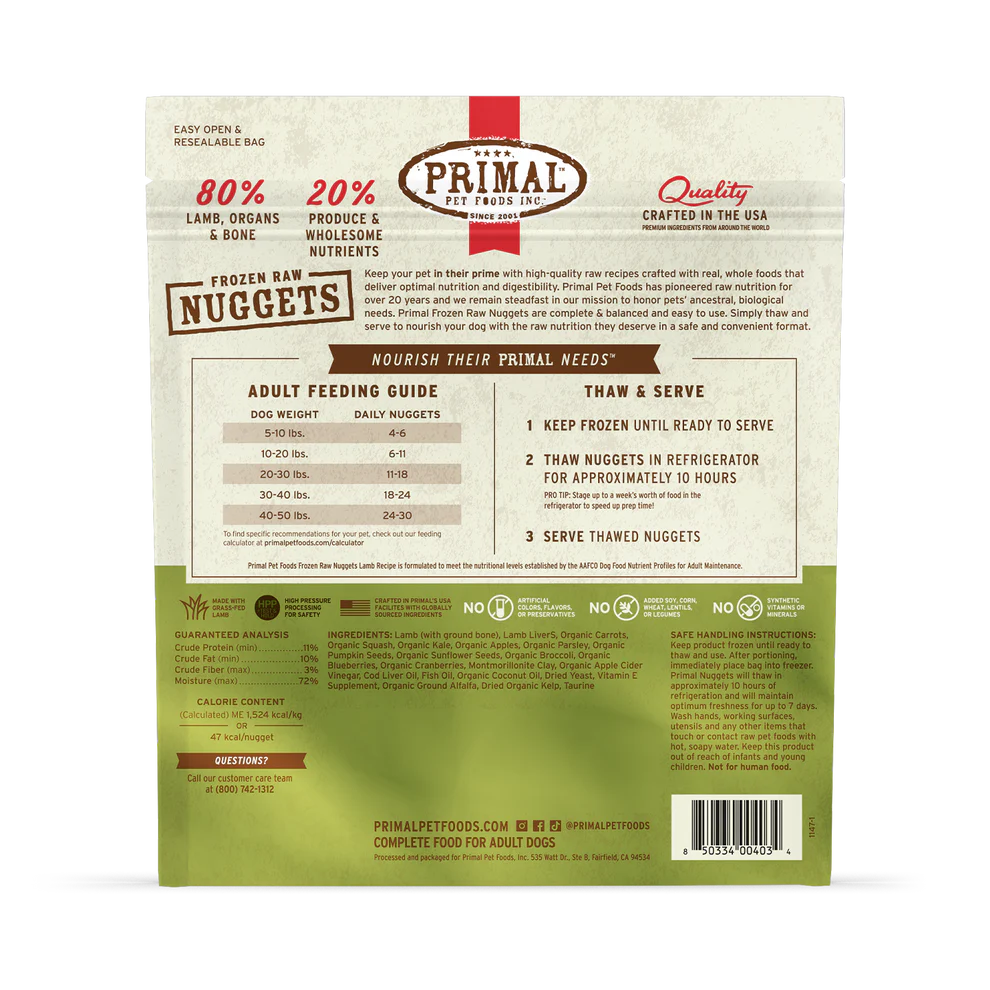 Primal Nuggets Lamb Recipe Raw Frozen Dog Food - 3lb - The Pet Source