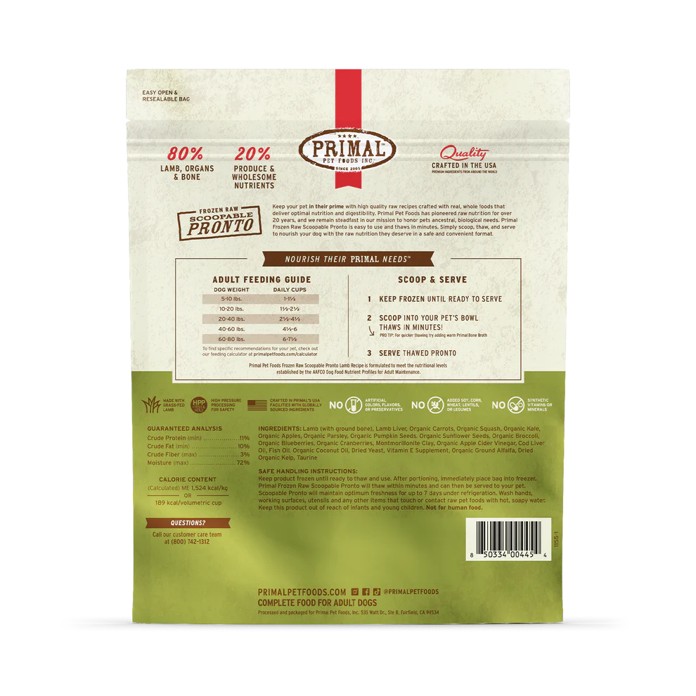 Primal Scoopable Pronto Lamb Recipe Raw Frozen Dog Food - 4lb - The Pet Source